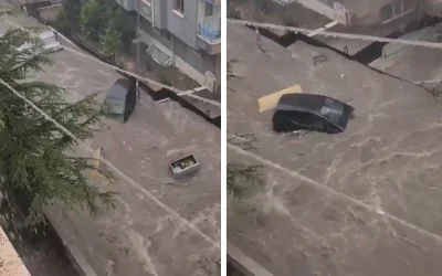 Ankara’da şiddetli yağmur felaketi! Araç suların gücüne yenik düştü.